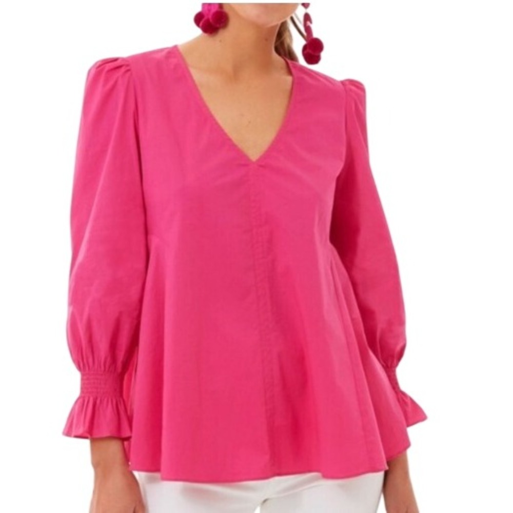 Pomander Place Womens Hot Pink V-Neck Smocked Cuff Babydoll Blouse Medium